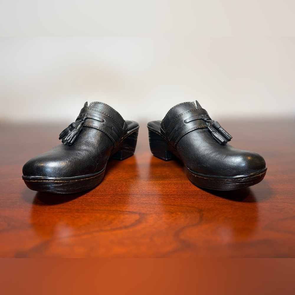 b.ø.c. Elsbury Tassel Leather Mules Black Women’s Size 7 Comfort Heel Chunky - Picture 11 of 12